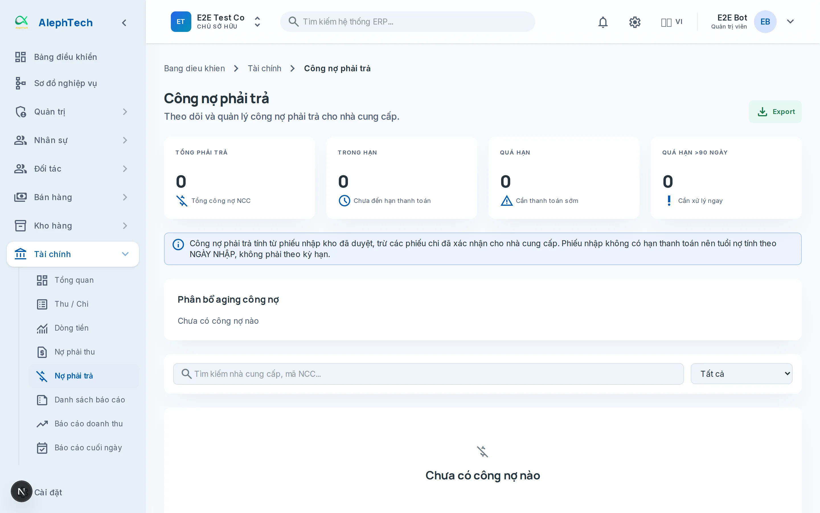 Màn hình Công nợ phải trả nhà cung cấp