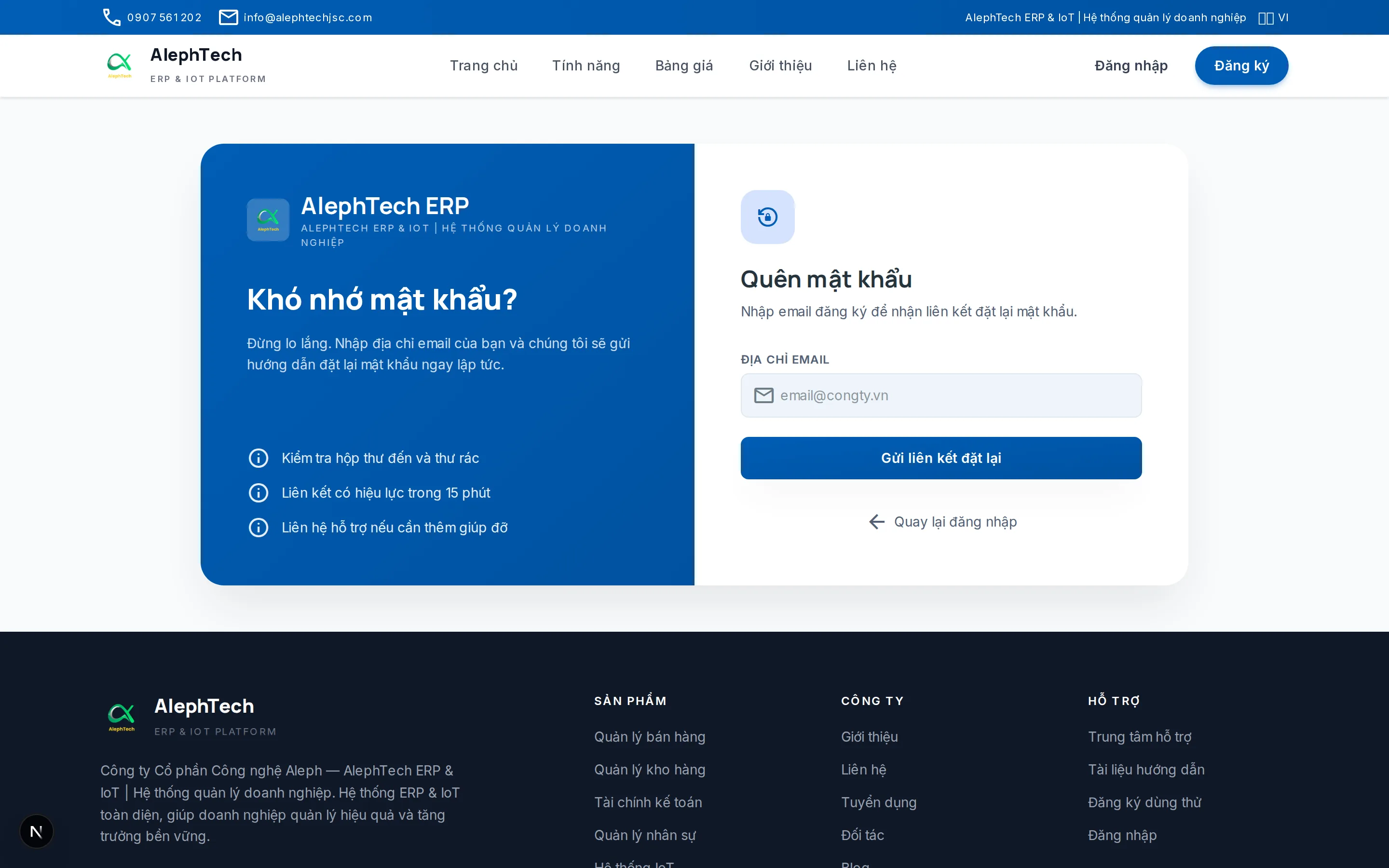Màn hình Quên và đổi mật khẩu
